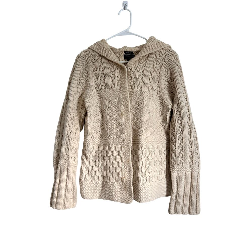 VTG American Eagle Y2K Chunky Wool Hooded Cardigan Sweater Hand Knit Cream L